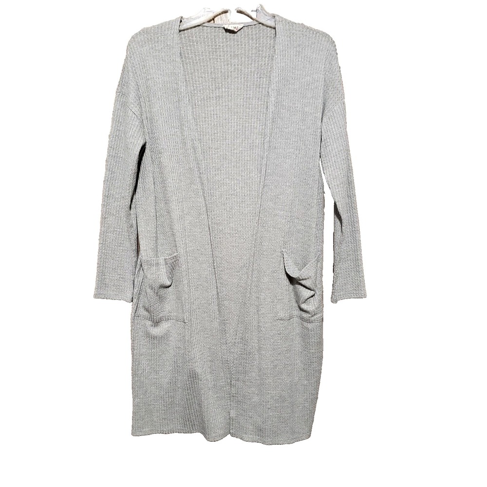 Bibi‎ Knit Cardigan Tunic Boho Gray Pockets Duster Minimalist Comfy Cottage Sz S - Picture 2 of 10